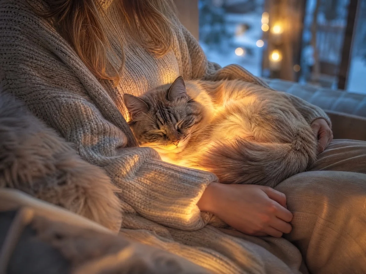 Кот излучает тепло на коленях хозяина